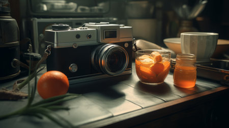 an orange slice sits under a vintage-inspired camera, capturing the essence of a documentary travel photography. the photorealistic rendering, achieved through vray tracing, showcases the intricate details of this kitchen still life. shot with a leica m10, this image embodies the artistic vision of mikko lagerstedt, merging vintage aesthetics with contemporary techniques. ai generatedの素材