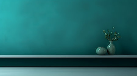 an empty wooden wall shelf is positioned next to a vase on a teal wall. the photo showcases a color field minimalism style, with a combination of dark gray and emerald hues. the image has been digitally enhanced, resulting in minimalist backgrounds that can be used as wallpaper. the traditional color scheme creates a serene and peaceful ambiance. ai generatedの素材
