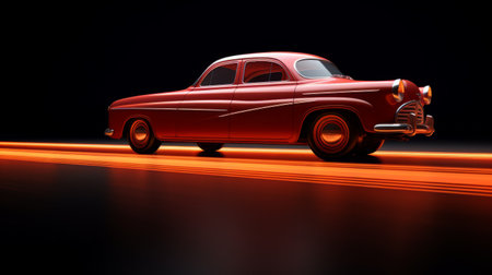a red car drifts down the road, showcasing the atomic era style with realistic chiaroscuro lighting. this captivating photograph, reminiscent of antanas sutkus' work, exudes streamline elegance. the image, captured with provia film, highlights the detailed character design of the car, as seen through the lens of carsten meyerdierks. ai generatedの素材