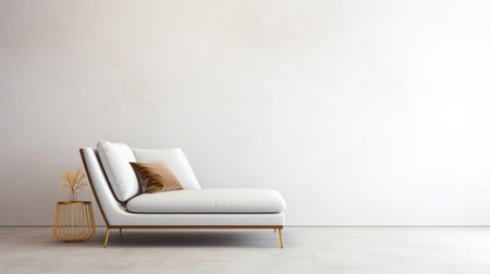 a white living room featuring a white chair and golden lamp is depicted in this 3d rendering stock photo. the minimalist tendencies are evident in the matte background and minimalist staging. luxurious fabrics add a touch of elegance to the clean and streamlined atmosphere. the composition is reminiscent of the works of gaston lachaise. ai generatedの素材