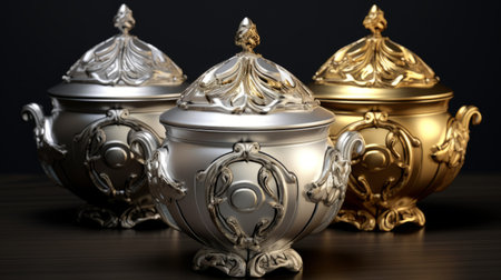 three stunning candle holders, crafted in silver and gold, showcase the exquisite artistry of zbrush and the opulent elegance of rococo realms. with vray tracing enhancing their beauty, these candle holders feature classical motifs and themes, reflecting the mastery of dmitry spiros. the limited color range adds a touch of sophistication, while the precise detailing brings these pieces to life. ai generatedの素材