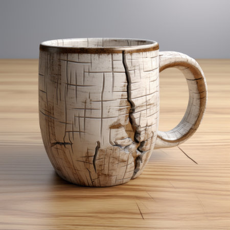 a broken mug 3d model is depicted in this realistic image, showcasing a wood-style design. the detailed sketching captures the cracked appearance, while subtle luminosity adds depth. the matte photo showcases photo-realistic techniques, making it an ideal choice for creative commons attribution. ai generatedの素材