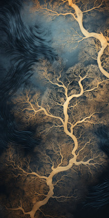 a mesmerizing watercolor artwork featuring trees and water, showcasing captivating fractal patterns in dark indigo and dark gold hues. created using the intricate storytelling technique of kintsugi, this monochrome canvas resembles scientific illustrations. rendered with precision in cinema4d, this image is a stunning fusion of nature and artistry. ai generatedの素材