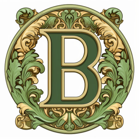 a decorative monogram featuring the letter "b" is showcased in an art nouveau frame. the color scheme of brown and green adds a touch of elegance to the design. this hyper-detailed rendering captures the essence of rococo realms, creating a visually stunning piece. the intricate details and world-building elements make it reminiscent of xbox 360 graphics, while the use of bloomcore adds a vibrant andの素材