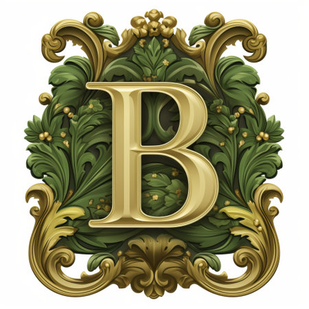 the letter b is depicted in this stunning illustration with an ornate border, reminiscent of golden age illustrations. the realistic and hyper-detailed rendering showcases the intricate design. the style draws inspiration from green academia and rococo portraiture, featuring bold lettering. the symmetrical arrangement and use of bryce 3d add depth to the composition. ai generatedの素材