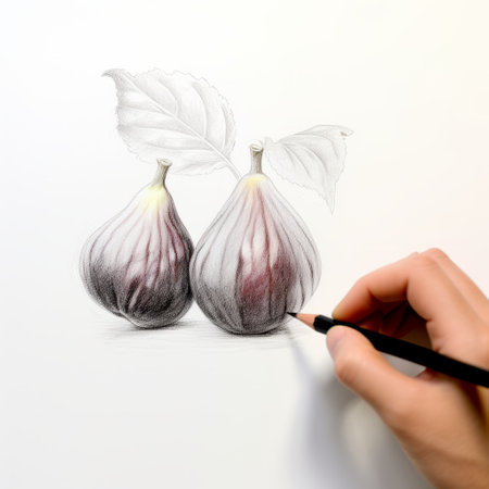 a pencil sketch of two figs with leaves in the middle, combining dark white and light purple tones. the drawing showcases focus stacking techniques, using a combination of light maroon and dark gray shades. created with delicate materials and reimagining traditional techniques, this artwork captures the essence of golden age illustrations. ai generatedの素材