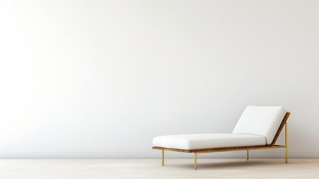 a white couch and wood chair are showcased against a white wall, featuring delicate gold detailing. the minimalist backgrounds and futuristic minimalism style enhance the overall aesthetic. the elongated, precisionist lines and sleek metallic finish add a touch of sophistication to the furniture. ai generatedの素材