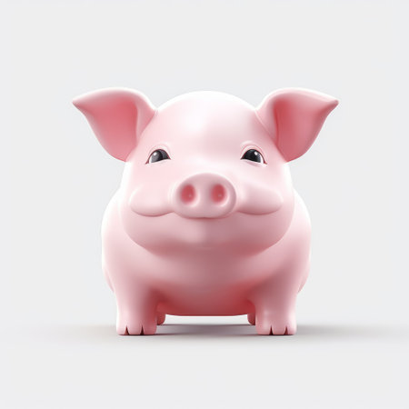 a red 3d rendered model of a pig is showcased on a gray background. the pig is designed in the style of charming character illustrations, with light white and light pink colors. the pig has a shiny, glossy appearance and is themed around money. subtle gradients add depth to the image, while the pig's strong facial expression and soft, rounded forms make it visually appealing.の素材