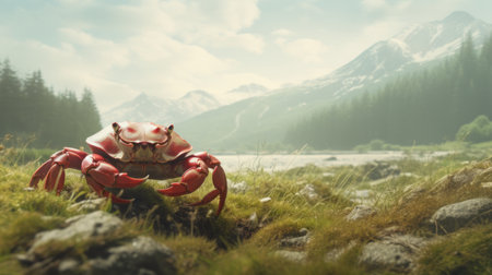 red crab on a rocky scene, rendered in cinema4d with realistic landscapes and soft, tonal colors. the captivating visual storytelling by mike winkelmann showcases mountainous vistas, outdoor scenes, and lively nature scenes. ai generatedの素材