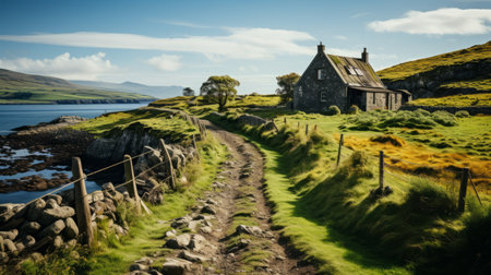 a traditional country house or cottage in the scottish highlands, captured with the zeiss batis 18mm f/2.8 lens, showcasing the lively coastal landscapes of this picturesque region. this national geographic photo captures the fantastical street and post-processing techniques, creating a mesmerizing image reminiscent of the australian landscape and post-painterly art. ai generatedの素材
