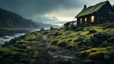 the wooden cabin perched on rocks near a river exudes an atmospheric and moody vibe. captured with a zeiss milvus 25mm f/1.4 lens, the photo showcases a blend of light navy and light green tones. the scene evokes a sense of epic fantasy and is reminiscent of lively coastal landscapes and rural life scenes. the warm color palette adds to the overall charm of theの素材