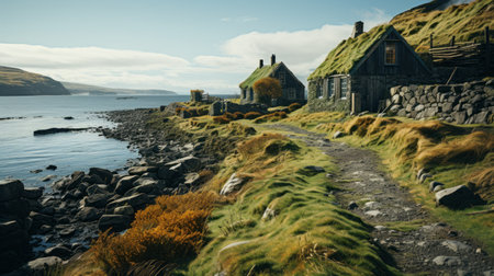 a cottage nestled near a rugged shoreline on an island, captured in the style of cryengine, danish golden age, and ray tracing. the composition showcases the beauty of scottish landscapes, creating an eerily realistic yet fantastical street scene. this stunning photograph was skillfully shot on 70mm film, capturing every intricate detail. ai generatedの素材