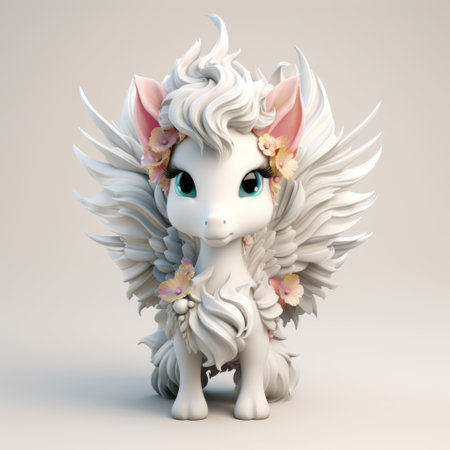 a little cute unicorn with high-quality fashion feathers, created in 3ds max, is showcased in this front view photo. the unicorn is depicted in a fantasy style, against a white background, and is designed in the style of the unreal engine. ai generatedの素材