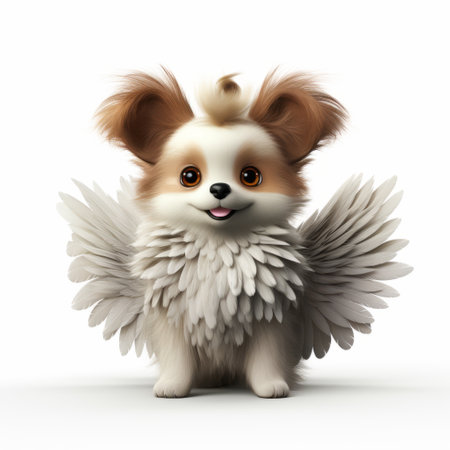 a 3d rendering of a playful dog with wings and a crest, showcasing a childlike innocence. this oshare kei-inspired artwork pays attention to intricate fur and feathers texture, with a light white and brown color palette. the character design exudes a voluminous mass and lively movement, capturing the whimsical essence of the subject. ai generatedの素材