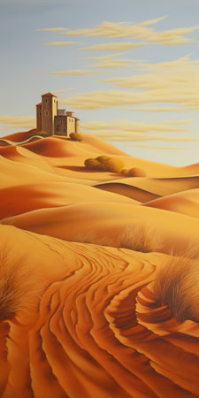 desert scene sunset captured by mike scott, inspired by the artistic style of kelly vivanco. this painting showcases precise and detailed architecture, along with realistic landscapes adorned with soft, tonal colors. the artist's brushwork flows gracefully, reminiscent of the works of romanesque and paul catherall. presented on a large canvas format, this artwork is a stunning portrayal of the desert's beauty. ai generatedの素材