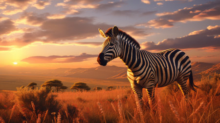 a zebra stands gracefully in the tall grass, its black and white stripes contrasting against the vibrant colors of the sky. this photorealistic representation, created using the unreal engine, captures the essence of african influence. the national geographic photo showcases the artist's skill in creating realistic and hyper-detailed renderings, with the zebra beautifully backlit by the sun. ai generatedの素材