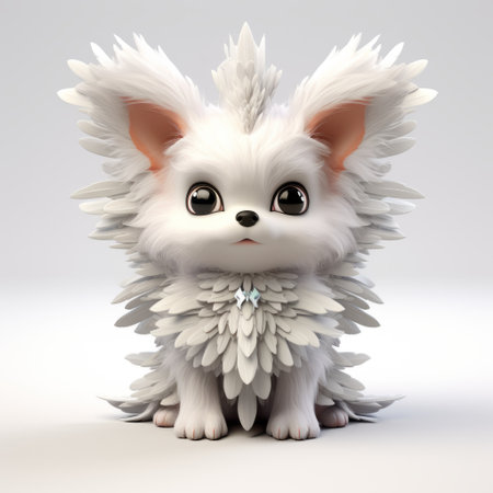a white fairy bird puppy with shiny eyes sits on the floor, showcasing a unique character design in the style of physically based rendering. the radiant clusters of feathers create a minimalistic canine sculpture, beautifully crafted by artist tim shumate. ai generatedの素材