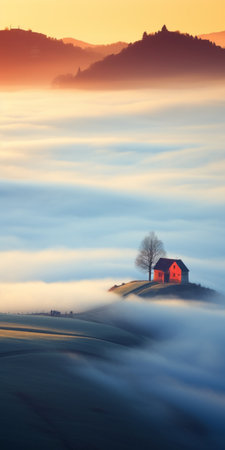 a house on a hill, captured in an ethereal cloudscape style, showcases a mesmerizing blend of light, white, and red hues. this national geographic photo exudes a misty atmosphere, enhanced digitally to perfection. the use of the carl zeiss distagon t 15mm f/2.8 ze lens and focus stacking technique adds depth and clarity to this captivating image. ai generatedの素材