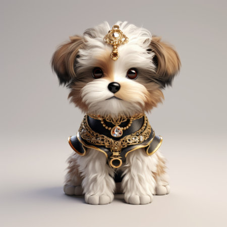 a dog wearing a gold collar and turban, showcasing an ornate design inspired by unreal engine 5. this charming anime-style character combines elements of porcelain, thai art, and classical proportions, resulting in a playful and toy-like appearance. ai generatedの素材