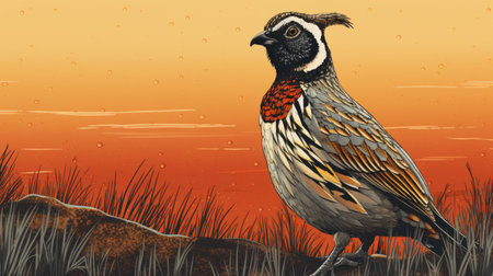 a redwinged quail stands on a grassy landscape in this pop art-inspired illustration. the hyper-detailed 32k uhd image showcases dark gold and orange tones, reminiscent of drip painting. the monumental murals and intricate storytelling elements add depth to the composition. ai generatedの素材