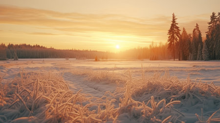 a stunning 32k uhd photograph captures the sun setting over a snowy field, surrounded by trees. the helsinki school's influence is evident in the soft and dreamy atmosphere, while the light orange and light gold hues create a mesmerizing display. the backdrop of this scene is truly spectacular, with hints of light turquoise and light amber adding to the sublime wilderness. ai generatedの素材