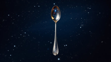 a spoon is displayed against a stunning galaxy backdrop, featuring a realistic and detailed rendering. the artwork, created by dan matutina and gustave buchet, showcases a silver spoon in 8k resolution. the miniature illumination adds a touch of elegance, while the spoon's smooth and shiny surface catches the eye. ai generatedの素材