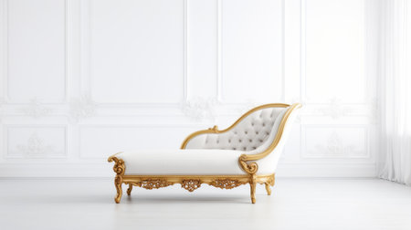 luxury chair in an empty room with elegant interior, featuring timeless artistry and rococo-inspired design. the light white and gold color scheme adds a touch of sophistication, while the cabincore elements create a cozy ambiance. the solarizing master craftsmanship is evident in the precise and realistic detailing of the chair. ai generatedの素材
