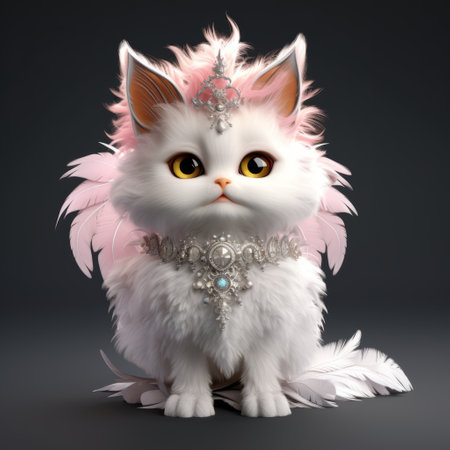 a little cute cat with high-quality fashion feathers, created in 3ds max, is showcased in a front view. the fantasy style of the cat, along with the white background, gives it a unique and enchanting appearance. the cat is designed in the style of the unreal engine, adding to its captivating visual appeal. ai generatedの素材