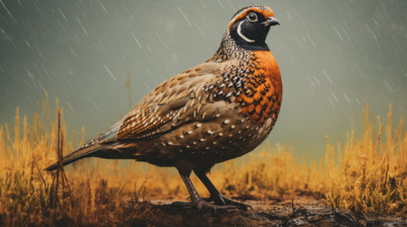 a quail bird perched on the grass during a rainy day, captured in a photoillustration style. the image showcases a blend of dark orange and amber tones, with a resolution of 3840x2160. digitally enhanced, this national geographic photo beautifully depicts the bird in inclement weather conditions. ai generatedの素材