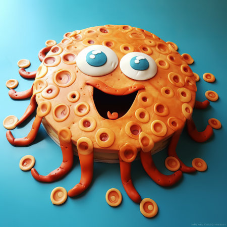 an octopus, rendered in cinema4d, is featured on a blue t-shirt. the design, inspired by oleg shuplyak's artwork, showcases a unique twist with a death burger made of cheese. this soggy and hard surface modeling masterpiece captures attention with its vibrant orange color. ai generatedの素材