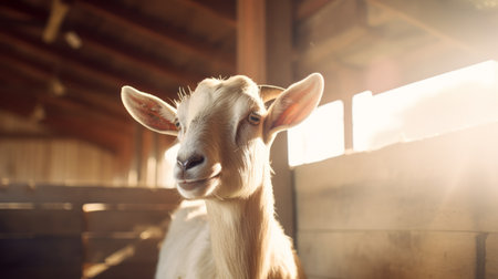 a photo of a goat ranch for sale or rent, captured in a style that incorporates lens flare and a realistic portrayal of light and shadow. the image showcases a joyful and optimistic atmosphere, with strong facial expressions of the goats. the use of tilt shift adds an emotive expression to the scene, creating a petcore aesthetic. ai generatedの素材