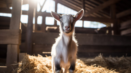 a cute goat stands in a back yard, surrounded by tall straw, as the sun shines off her ears. the photo captures her in a long exposure style, with a polished concrete background. the image showcases innovative techniques like focus stacking, while also offering a commentary on race and emotive faces. clever wit is evident in this captivating photograph. ai generatedの素材