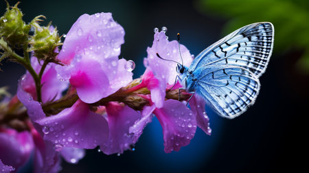 blue butterfly perched delicately on a flower, adorned with glistening water droplets. this captivating 8k resolution photograph, captured by charles spencelayh for national geographic, showcases a fusion of japanese traditional art influence. the vibrant colors of light magenta and white bring the lively nature scene to life, resulting in a high-quality masterpiece. ai generatedの素材