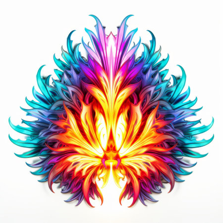an orange flower with vibrant colors, detailed feather rendering, liquid metal, light azure, magenta, symmetrical design, biomorphic forms, mythological symbolism, white background. ai generatedの素材
