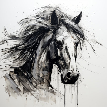 a black and white drawing of a powerful horse named black and white. this original artwork showcases the style of drippy paint splatters and flowing brushwork, reminiscent of a large-scale muralist. created with wire, the horse exudes a strong facial expression, set against a misty atmosphere. this high-resolution 32k uhd piece captures the essence of strength and movement. ai generatedの素材