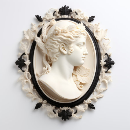 a sculpture of a slewai, inspired by rococo art, is showcased on a white background. the sculpture is framed within a white frame, featuring layered portraits in dark black and light beige tones. with intricate sculpting and luxurious wall hangings, this piece embodies the essence of american romanticism. its blink-and-you-miss-it details add to its allure. ai generatedの素材