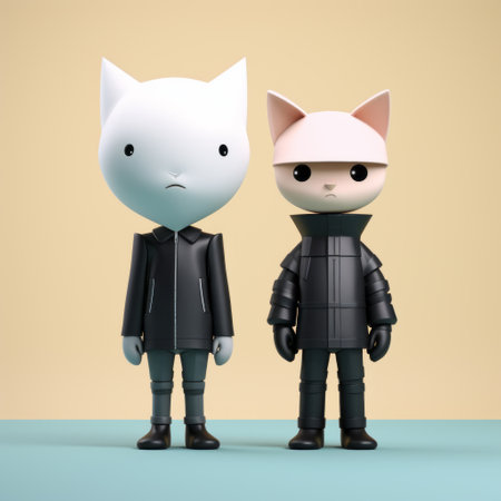 two cats, one white and one black, are seen standing side by side in this rendered image created using cinema4d. the cats are surrounded by normcore and utilitarian objects, with a color palette consisting of light pink and dark gray. the overall aesthetic of the image draws inspiration from rap aesthetics, toycore, and dark and brooding designer styles. ai generatedの素材