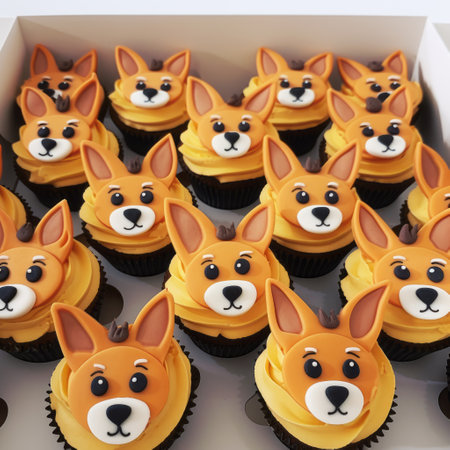 four cork ear cupcakes are beautifully presented in a gift box. these cupcakes are designed in the style of hyperrealistic animal portraits, created using cinema4d software. the cupcakes feature a light orange and amber color palette and showcase simplified dog figures. the large-scale brushstrokes add a unique touch to the design. this high-resolution uhd image is a result of meticulous cad (computer aided design) work.の素材