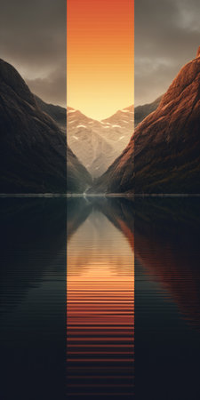a stunning sunset view of a serene mountain landscape, showcasing layered imagery with a touch of subtle irony. the calm waters reflect the balanced symmetry of the scene, enhanced by the digital symmetry of multiple screens. the moody and evocative color palettes add to the captivating beauty of this norwegian nature photograph. ai generatedの素材