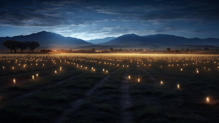 a field full of candles lit up at night, captured by eric elber, showcases a mesmerizing scene. this photorealistic rendering, reminiscent of national geographic's style, captures the essence of australian tonalism. the uhd image beautifully portrays the mountainous vistas, creating serene and tranquil scenes. this commercial imagery is sure to captivate viewers with its ethereal beauty. ai generatedの素材