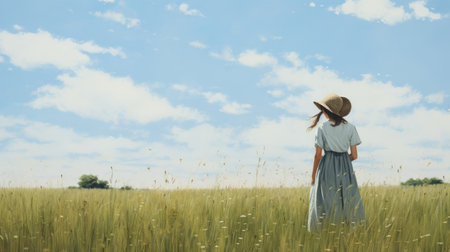 a nostalgic and pastoral 8k painting depicting a field with lush grass and a vibrant sky, inspired by the style of jessica drossin. the detailed character illustrations within the artwork evoke the enchanting essence of hayao miyazaki's creations, while also showcasing the artistic influence of miwa komatsu. this stunning illustration captures the beauty and tranquility of a serene countryside scene. ai generatedの素材
