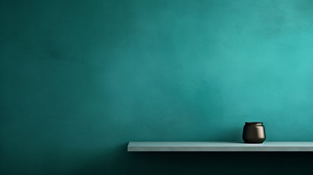 wooden shelf on turquoise wall with candle and coffee pot. dark green and dark gray style. digitally enhanced minimalist background. online sculpture on flickr. dark aquamarine and white color scheme. 8k resolution. ai generatedの素材