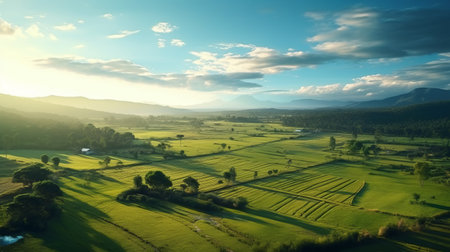 aerial view of thailand showcasing stunning rice paddy fields, majestic mountains, and the enchanting beauty of nature. inspired by the artistic styles of vicente romero redondo, this photograph captures the essence of a french landscape with a touch of emek golan's atmospheric landscapes. the backdrop is bathed in a soft, light yellow and emerald glow, creating a truly romantic and captivating scenery. ai generatedの素材
