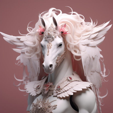a white sculpture of a horse wearing a dress adorned with flowers. this ethereal fantasy artwork, created in the style of zbrush, combines detailed costumes with a mix of realistic and fantastical elements. the sculpture also features life-like avian illustrations and draws inspiration from the mythical creature, the manticore. ai generatedの素材