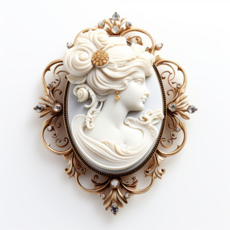 an antique hand carved cameo pendant model o.d. wiat, resembling a wall sculpture and installation, is showcased against a white background with vignetting. this contemporary fairy tale-inspired piece features elaborate gilding and is made of crystals, exuding a sense of wealth and opulence in its portraiture. ai generatedの素材