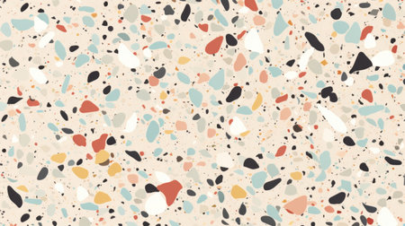 a pattern of various colored balls on an almost beige background, resembling polished concrete. this mid-century illustration features confetti-like dots, bold structural designs, and striated resin veins. the pattern showcases boldly textured surfaces and vintage-inspired designs. ai generatedの素材