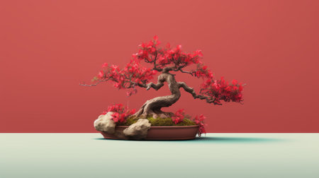 bonsai tree with red branches on a blue background, inspired by the style of mike campau. this composition showcases layered and classic still life elements, featuring a realistic color palette of light red and green. created by yanjun cheng, the artwork incorporates flower and nature motifs. ai generatedの素材