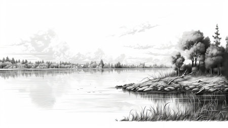 a 3d sketching of waterways using a digital pen and ink technique. the artwork showcases naturalistic landscape backgrounds in white and gray tones, with a vignetting effect. captured in stunning 8k resolution using a nikon l35af camera, the piece exudes an elegant realism and minimalistic serenity. ai generatedの素材