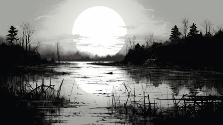 a large sun shines brightly in the middle of a marsh, while a duck observes its radiance. this black and white illustration captures the intricate details of the landscape, reminiscent of romantic moonlit seascapes and decaying landscapes. the nostalgic illustration showcases the artist's skillful use of palette knives to create a visually captivating scene. ai generatedの素材