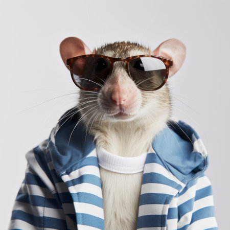 a rat wearing a blue and white striped jacket, hat, and sunglasses is captured in this photo. the minimal retouching style enhances its unique appearance, reminiscent of a synthetist innovator. the rat's normcore fashion sense is highlighted by its amber, shiny eyes and elegant clothing. the overall look exudes a touch of louis vuitton-esque sophistication. ai generatedの素材